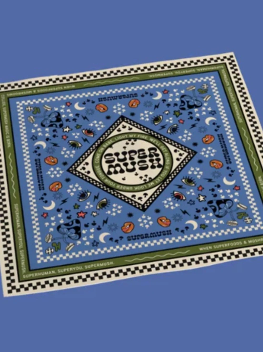 Supermush SuperYou Graphic Bandana Scarf Mushrooms Lips Eyes Moon & Star Print